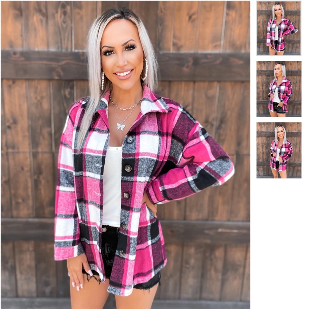 Adele B. Pink, White, Black Plaid Fleece “Shacket”